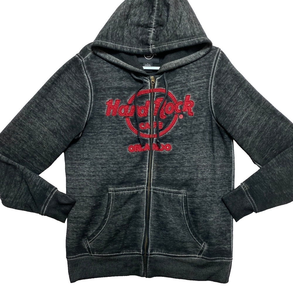 VINTAGE Hard Rock Cafe Hoodie Womens Small Black Full Zip Sweatshirt